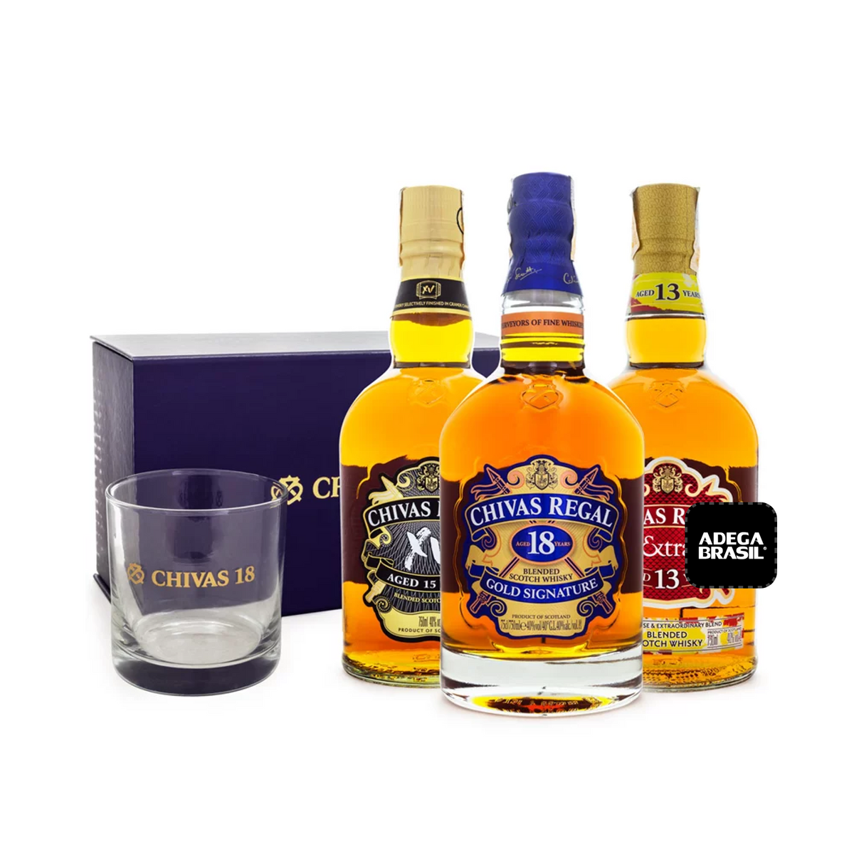 COMBO WHISKY CHIVAS BROTHERS - 13 ANOS + 15 ANOS + 18 ANOS + 2 COPOS EXCLUSIVOS